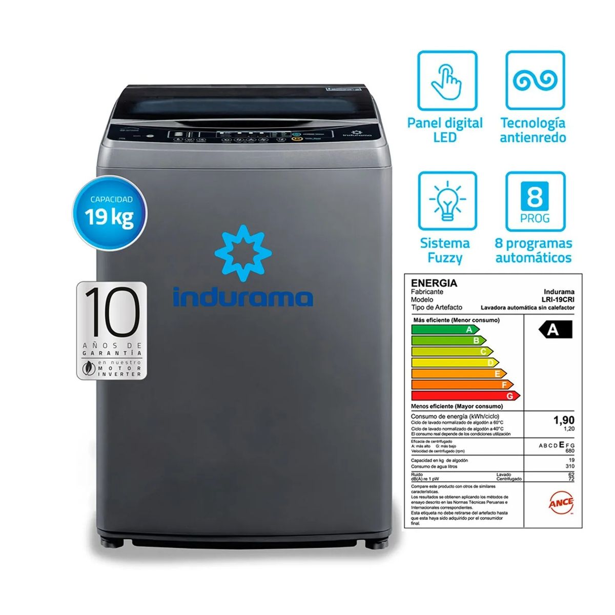 INDURAMA - Lavadora Automática Indurama  LRI-19CRI  Croma 19 Kg