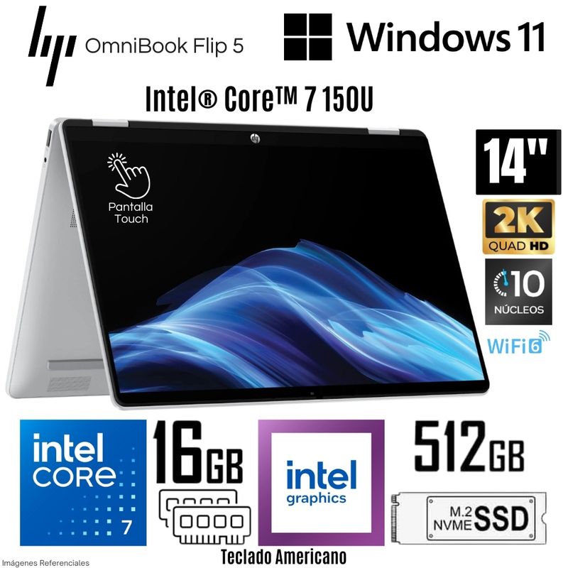 Laptop HP OmniBook 5 Flip 14-FP0023DX Intel Core 7 150U 16GB RAM 512GB SSD  14" 2K Touch - Silver HP | falabella.com