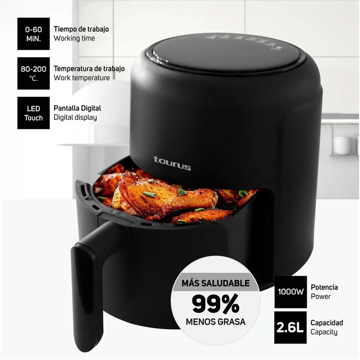 TAURUS - Freidora De Aire Digital 2.6 Lts Mod. Black Fryer