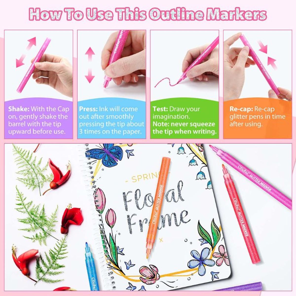 GENERICO - Ohuhu Glitter Metallic Marker Pens. Set de 12 colores