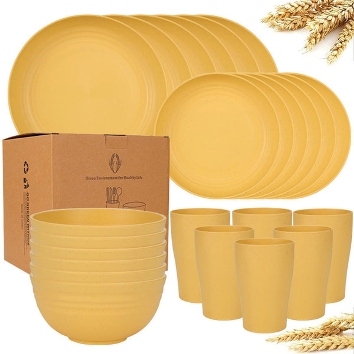 PIA COPELLO STORE - Juego de Vajilla Ecológica para 6 - 24 piezas - Amarillo