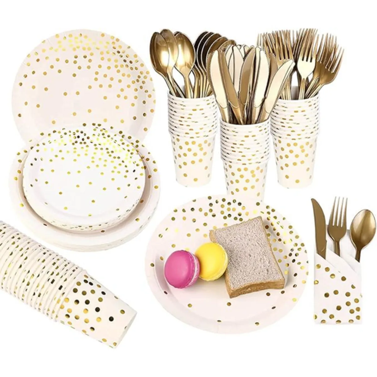 PIA COPELLO STORE - Set de Vajilla Descartable 80 Piezas - Gold Dots