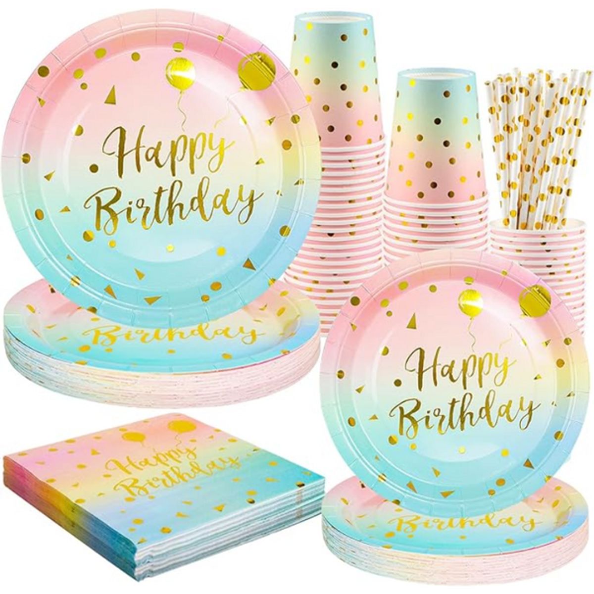 PIA COPELLO STORE - Set de Vajilla Descartable 80 Piezas - Happy Birthday Pastel