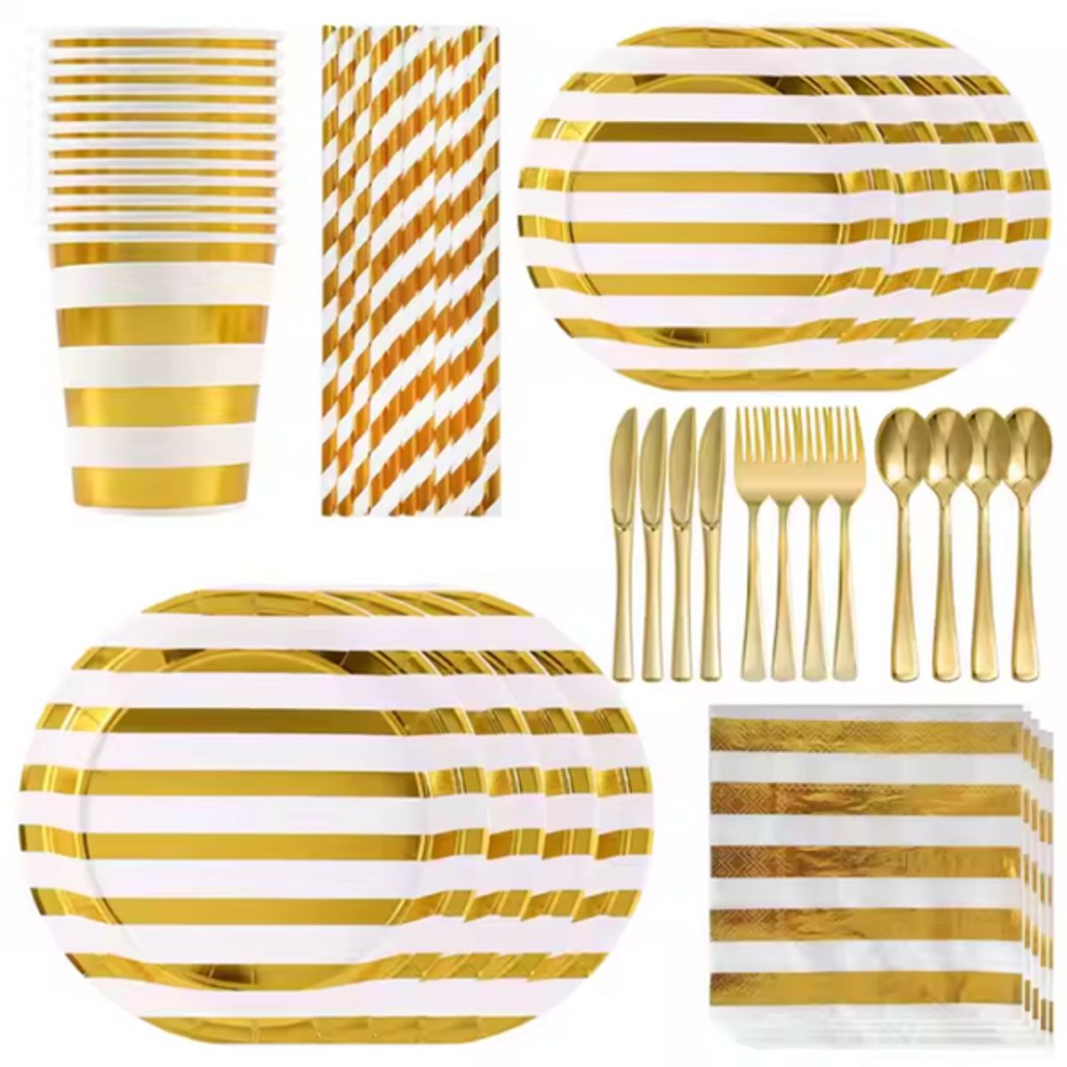 PIA COPELLO STORE - Set de Vajilla Descartable 80 Piezas - Rayas Dorado