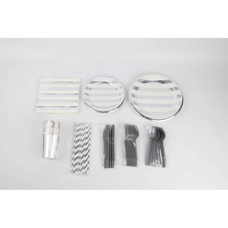 PIA COPELLO STORE - Set de Vajilla Descartable 80 Piezas - Rayas Plateadas