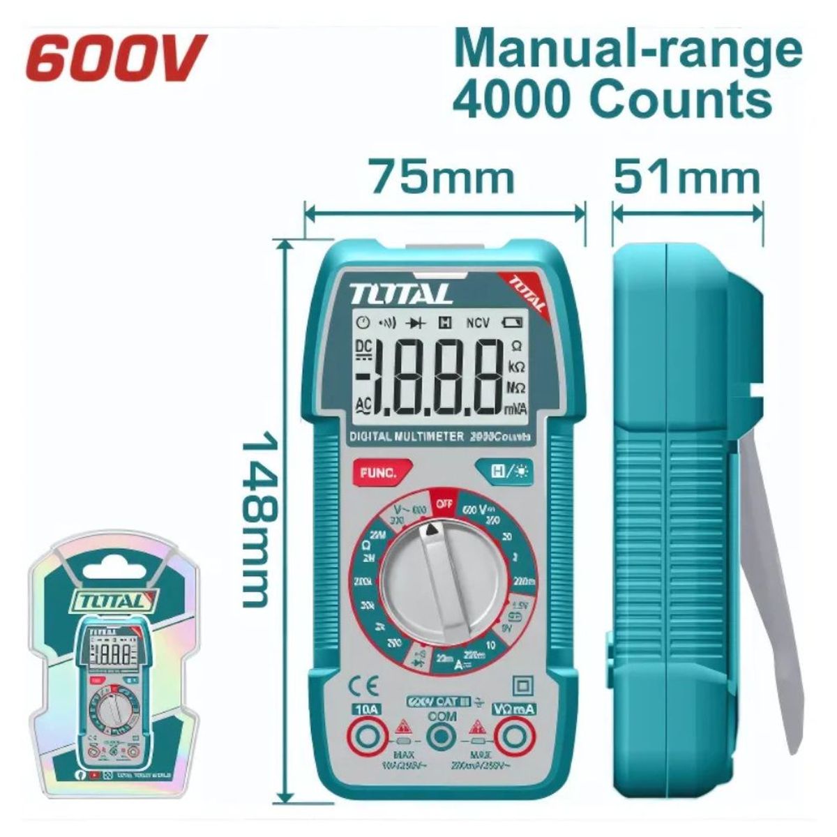 TOTAL TOOLS - Multimetro Digital 4000 Conteos LCD AC/DC 600V Total - TMT536002