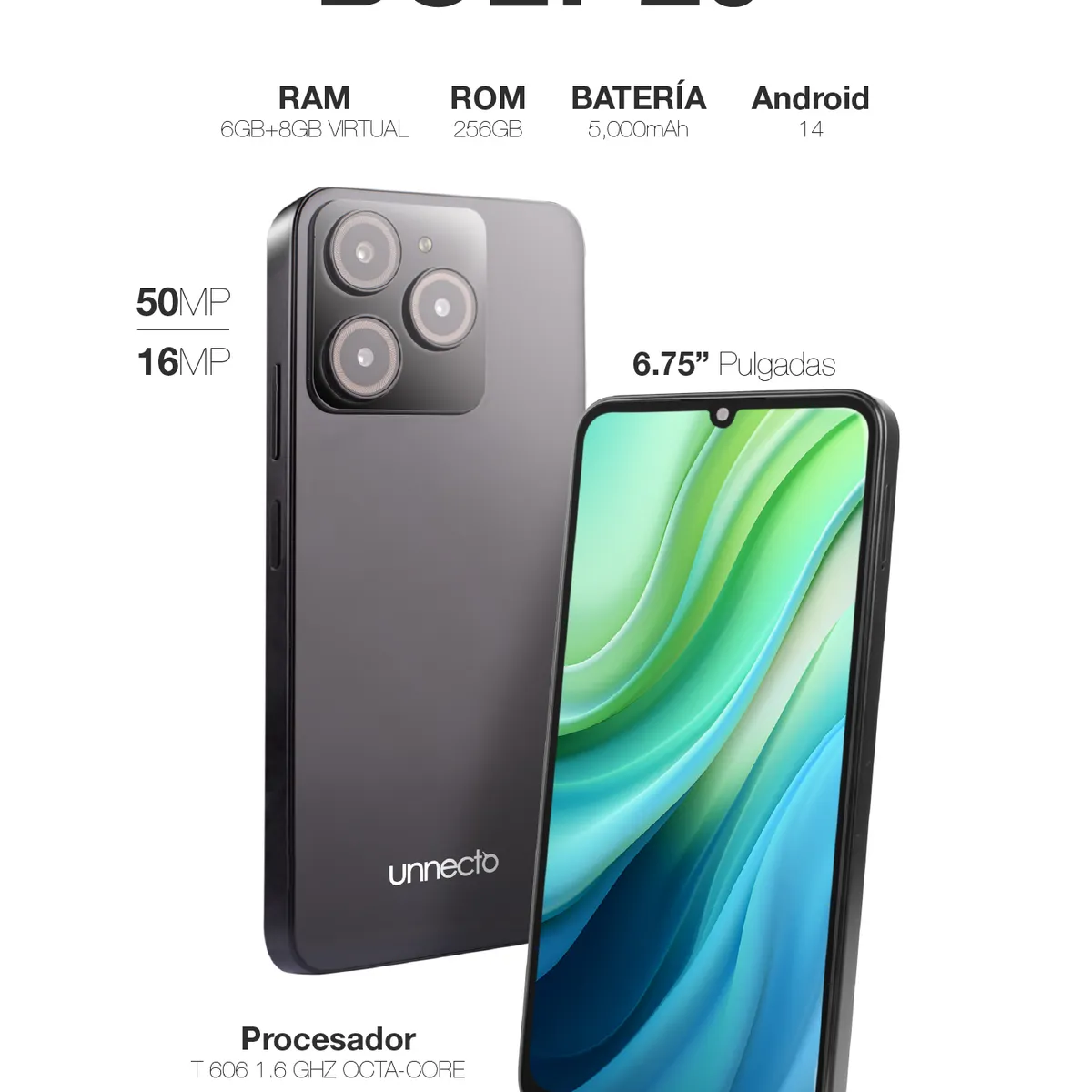 UNNECTO - Celular Unnecto Bolt 20 256GB ROM + 6GB + (4GB + 4GB RAM EXTENDED) - Negro