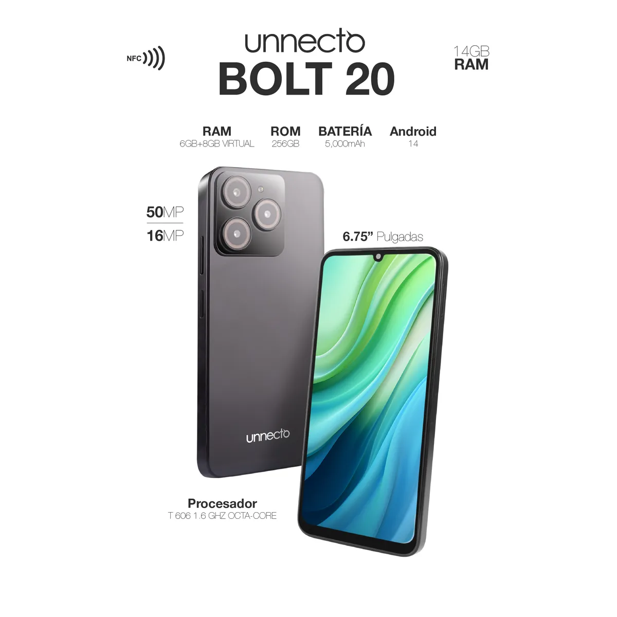 UNNECTO - Celular Unnecto Bolt 20 256GB ROM + 6GB + (4GB + 4GB RAM EXTENDED) - Negro