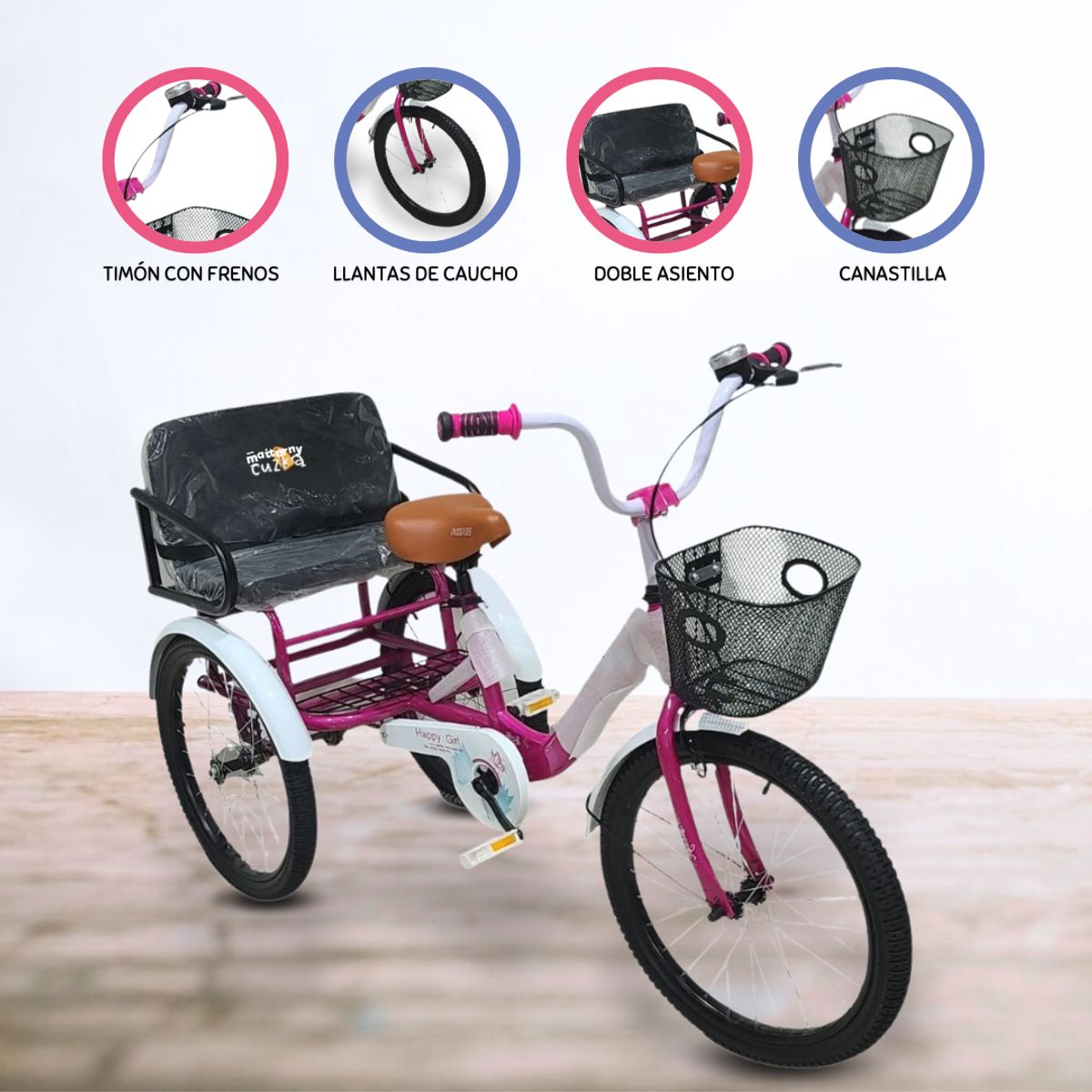 POWER KIDS - Triciclo Doble Asiento POWER KIDS «TRENO» Fucsia