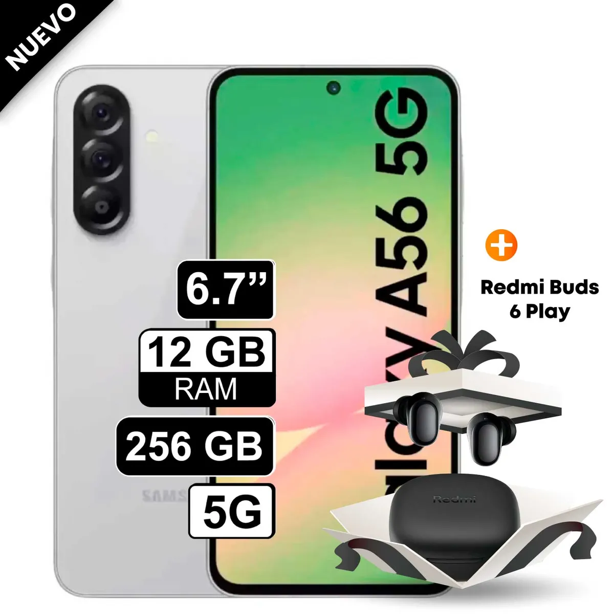 SAMSUNG - Celular Samsung Galaxy A56 5G 256GB 12GB RAM cámara 50MP frontal 12MP 67 Blanco + Redmi Buds 6 Play