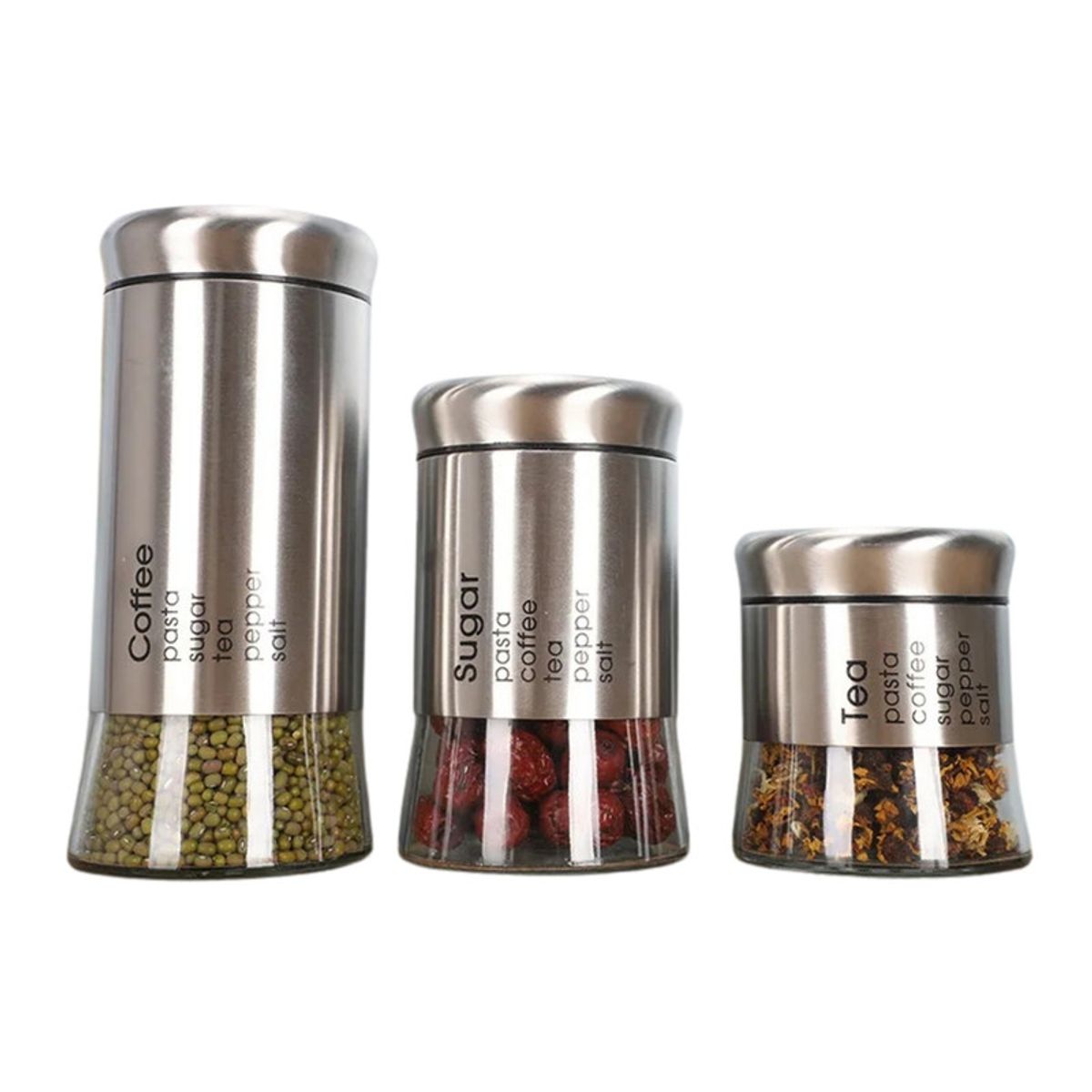 PENTHA - Set 3 Envase Especiero Vidrio con Tapa Acero Inoxidable