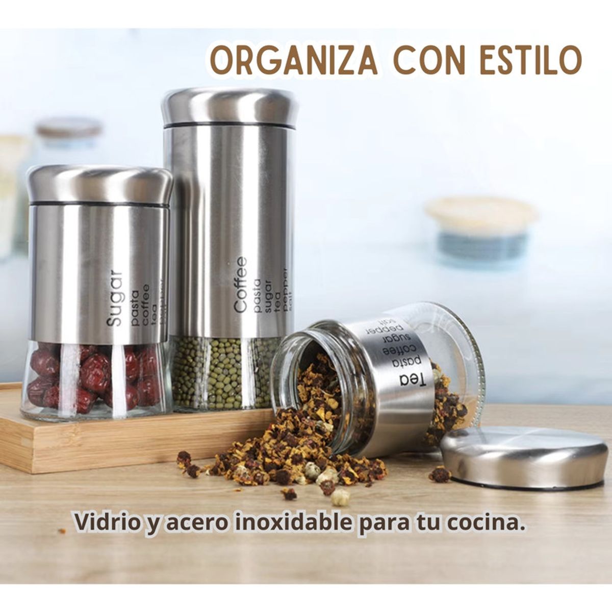 PENTHA - Set 3 Envase Especiero Vidrio con Tapa Acero Inoxidable