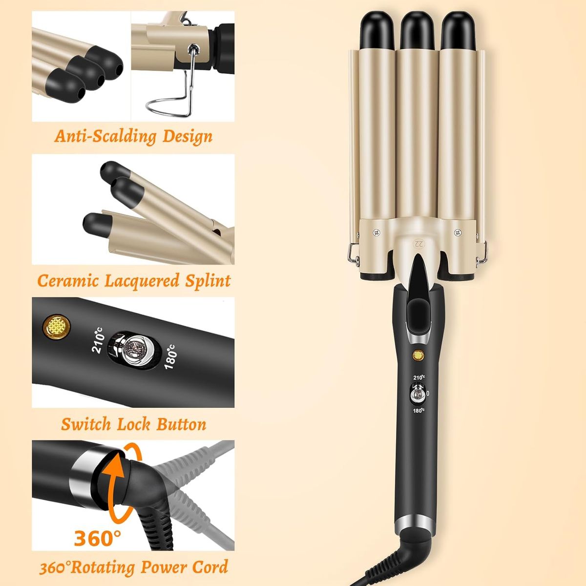 GENERICO - Plancha rizadora de cabello de 3 barriles beige