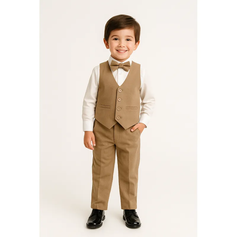 GENERICO - Traje marrón para niño con pantalón chaleco y corbata michi en casimir