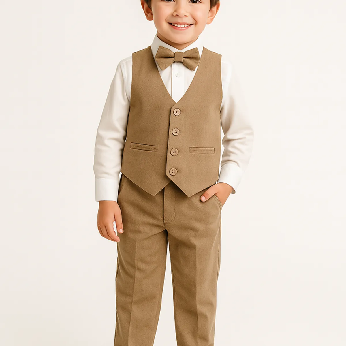 GENERICO - Traje marrón para niño con pantalón chaleco y corbata michi en casimir