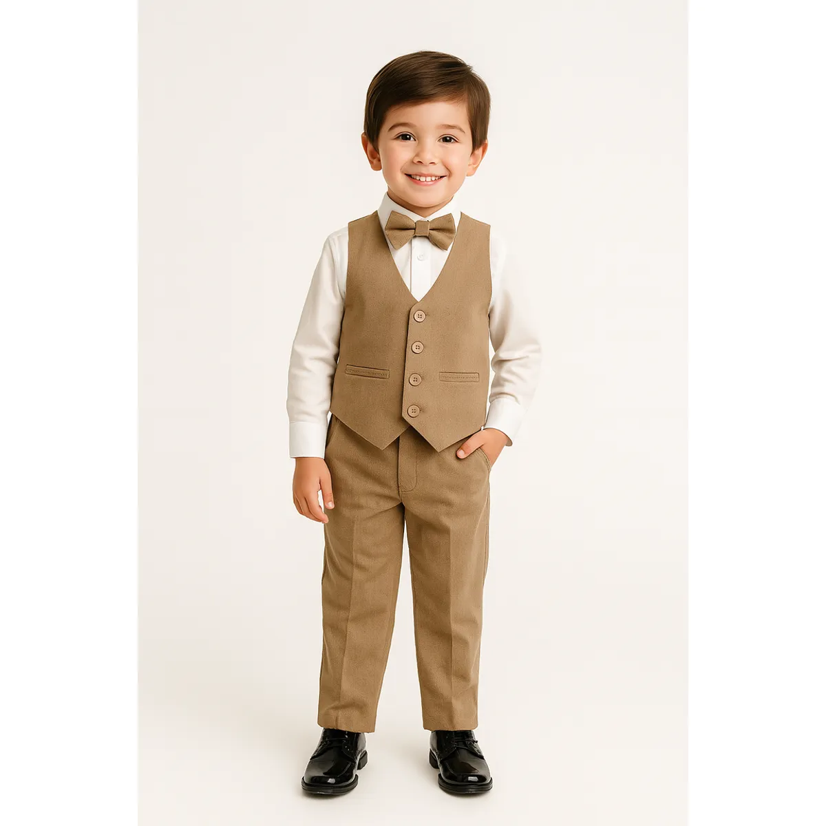 GENERICO - Traje marrón para niño con pantalón chaleco y corbata michi en casimir