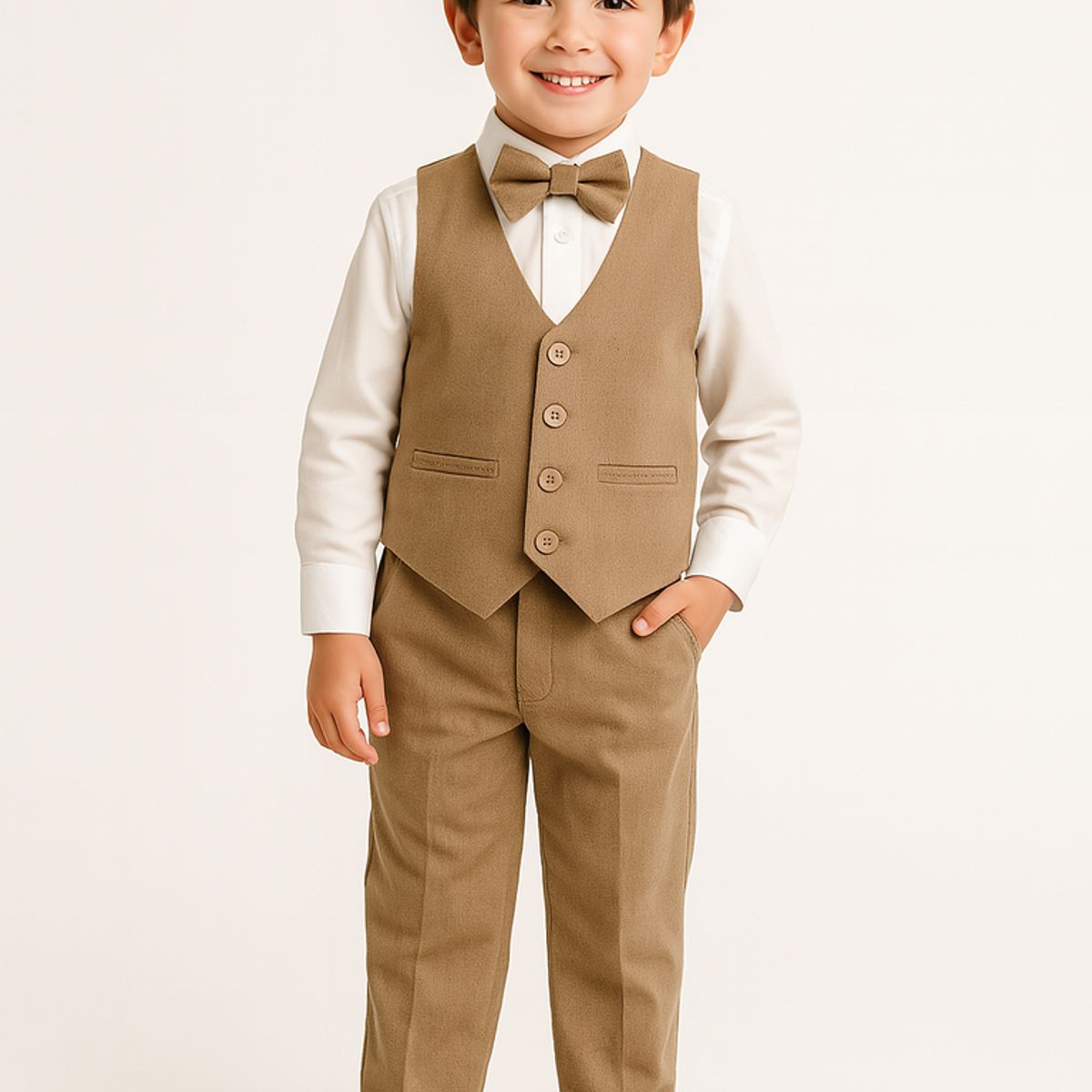 GENERICO - Traje marrón para niño con pantalón chaleco y corbata michi en casimir