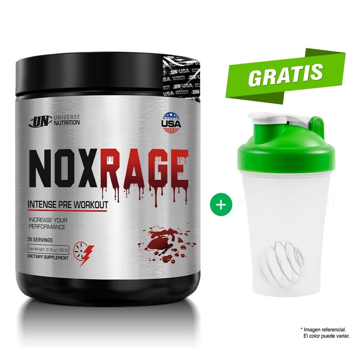 UNIVERSE NUTRITION - NOXRAGE 350 GR UN Pre entreno Óxido Nítrico Citrus Punch + Shaker