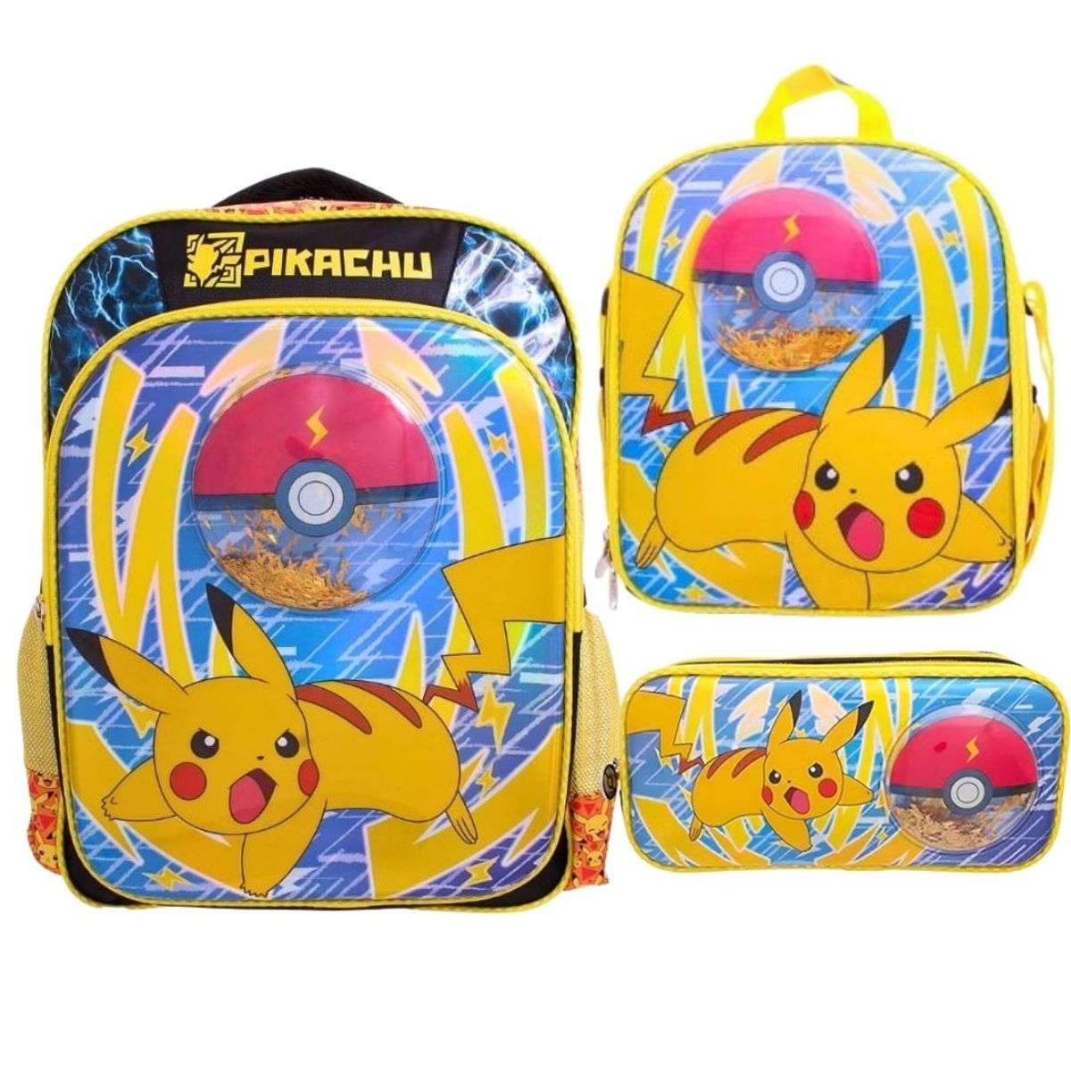WISH - Mochila+ Lonchera + Cartuchera Pokemon 3D Pikachu y Pokebola