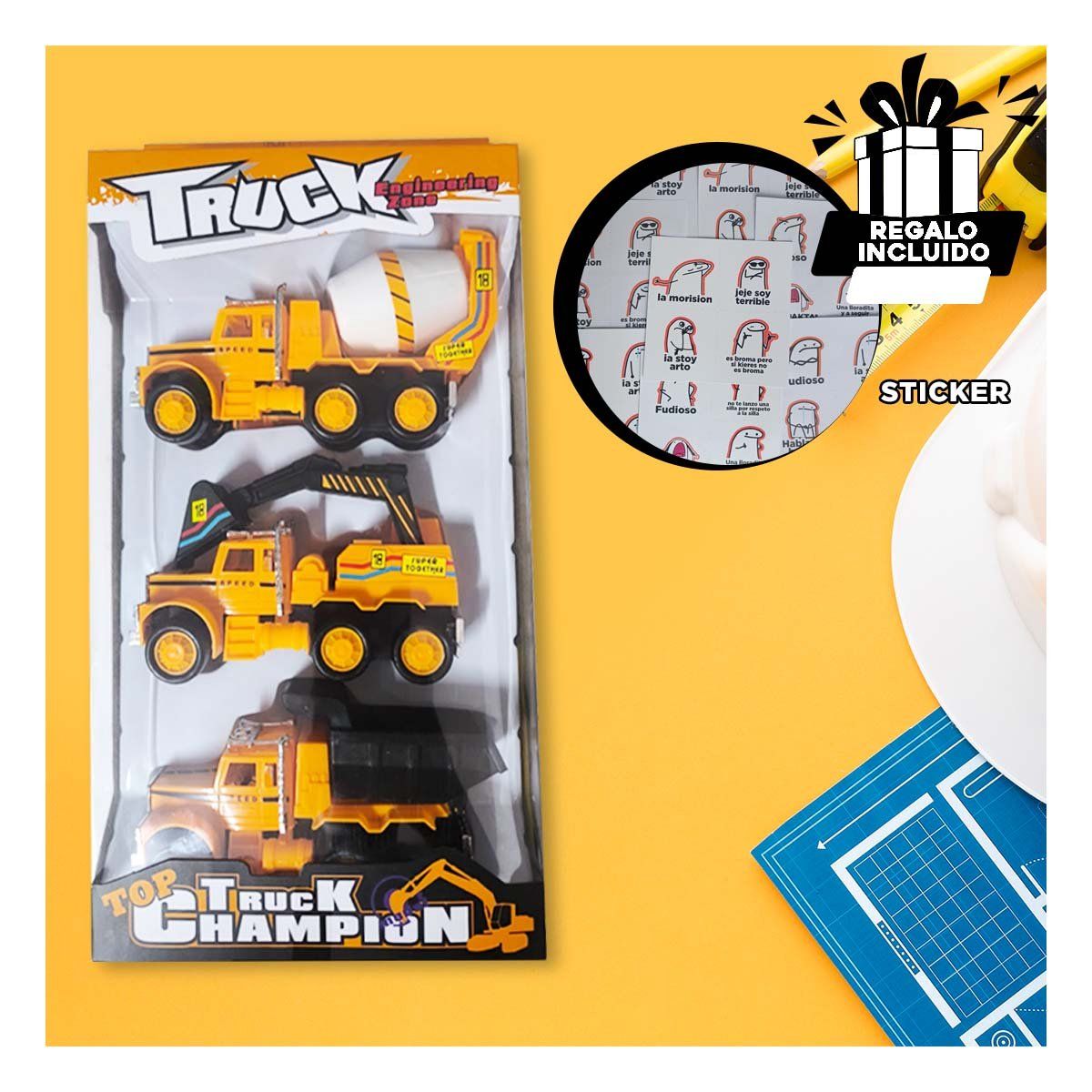 GENERICO - Pack6 Kit de 3 Vehiculos Industriales Y+Regalo Stickers