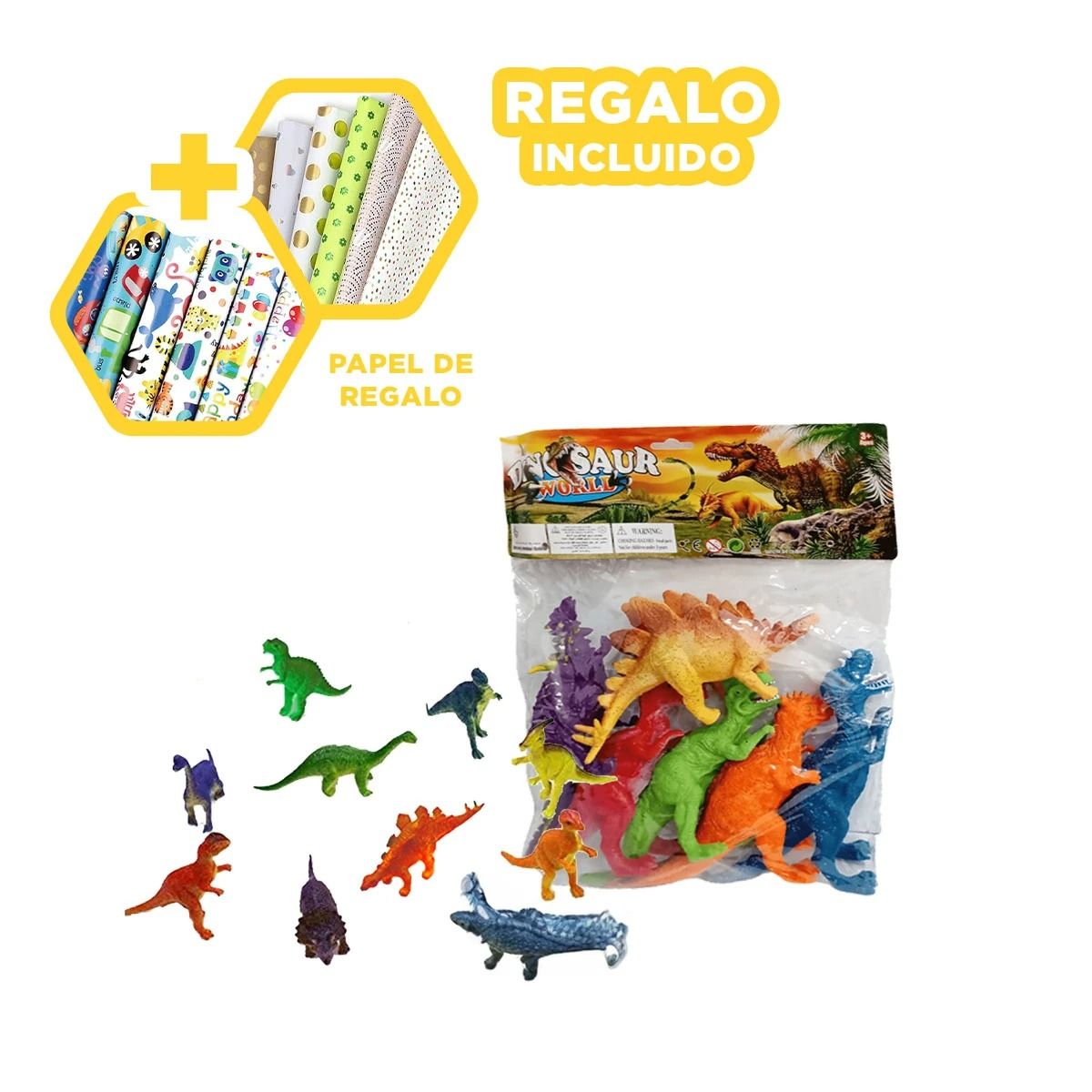GENERICO - Set Mix de Dinosaurios en Multicolor Y+Papel de Regalo