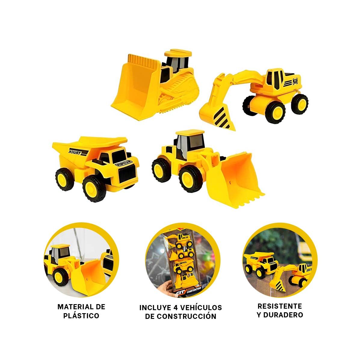 GENERICO - Pack4 Juego 4 Camiones de Carga Amarillo Y+Ligas de Regalo