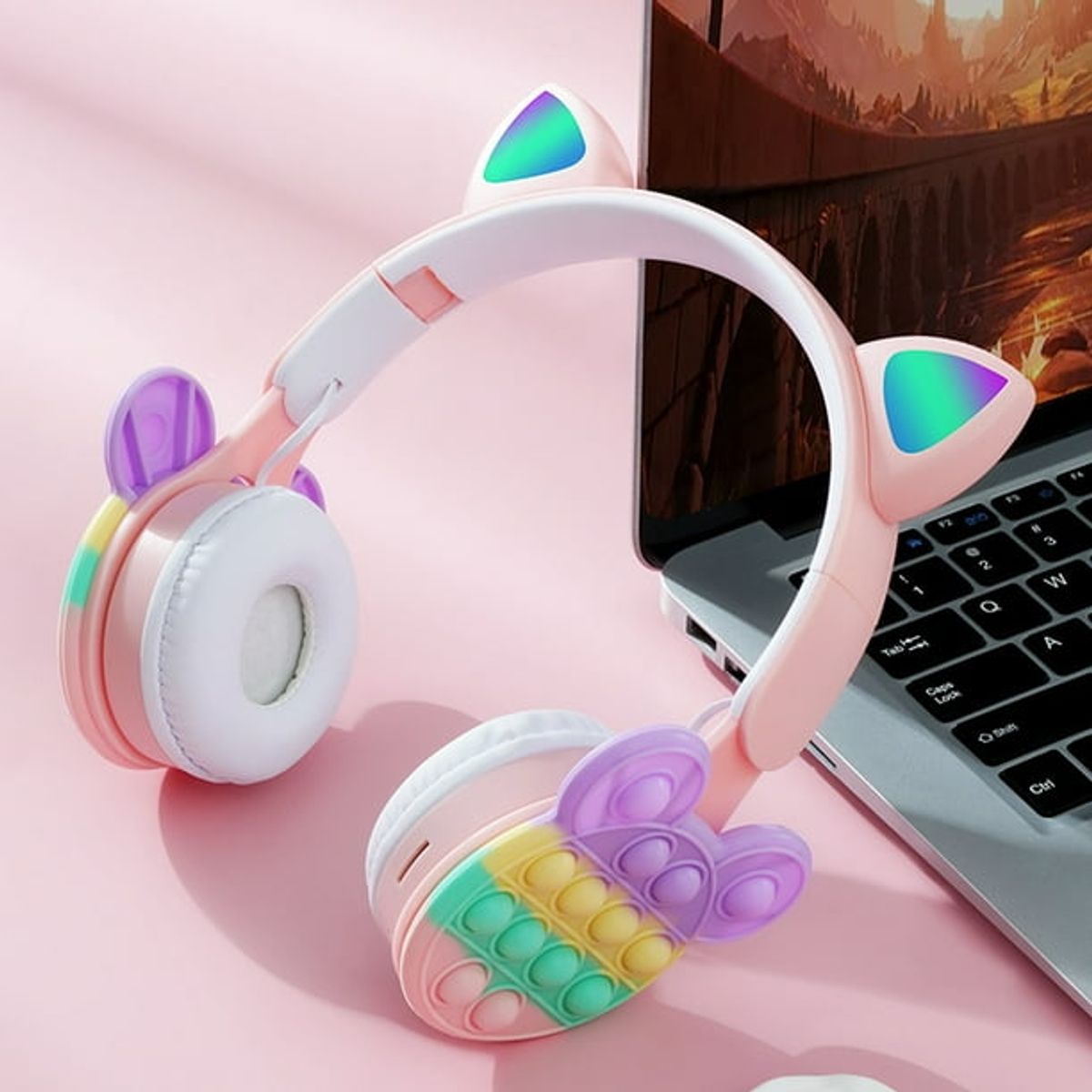 GENERICO - Auricular Bluetooth Osito Pop It Multicolor Orejas Luz Led