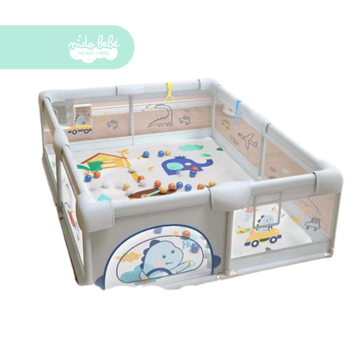 GENERICO - Corralito infantil de tela de seguridad color plomo Dino