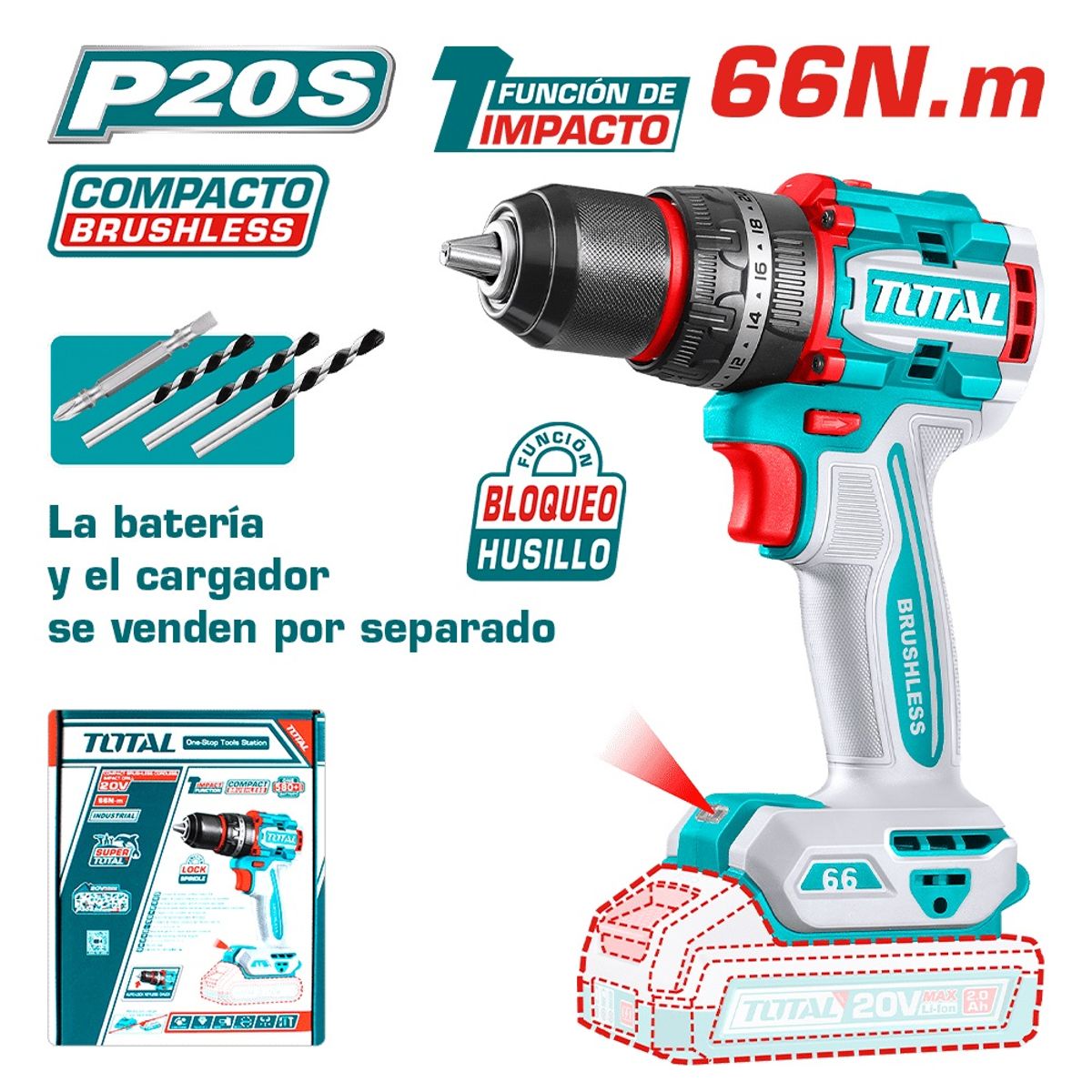 TOTAL TOOLS - TALADRO PERCUTOR ATORNILLADOR 20V 66NM INDUSTRIAL 13MM BRUSHLESS TIDL