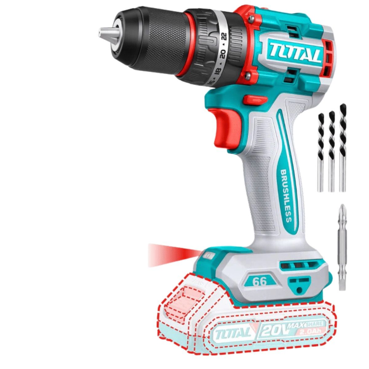 TOTAL TOOLS - TALADRO PERCUTOR ATORNILLADOR 20V 66NM INDUSTRIAL 13MM BRUSHLESS TIDL