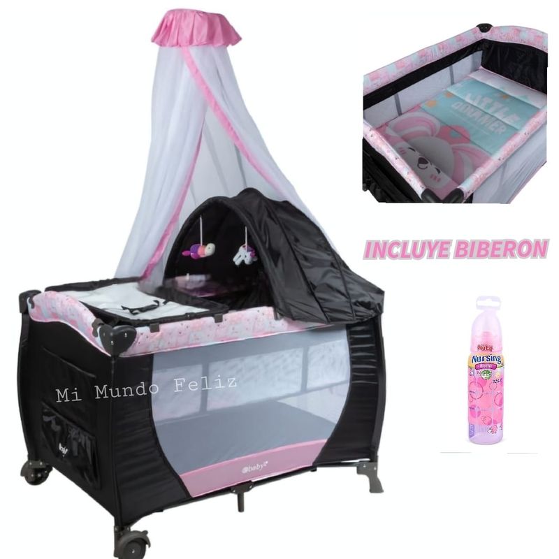 EBABY - Cuna Corral Mecedora con Cambiador Rosado Bebe