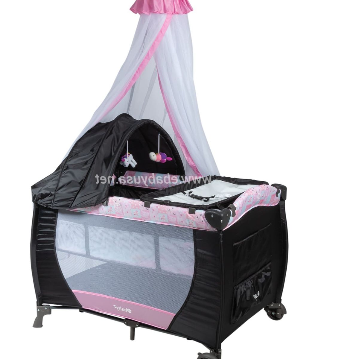EBABY - Cuna Corral Mecedora con Cambiador Rosado Bebe