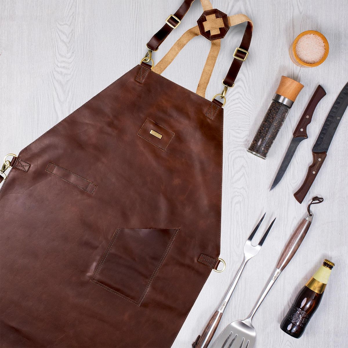 GRILLCORP - Mandil de Cuero Classic Marrón Mr Apron