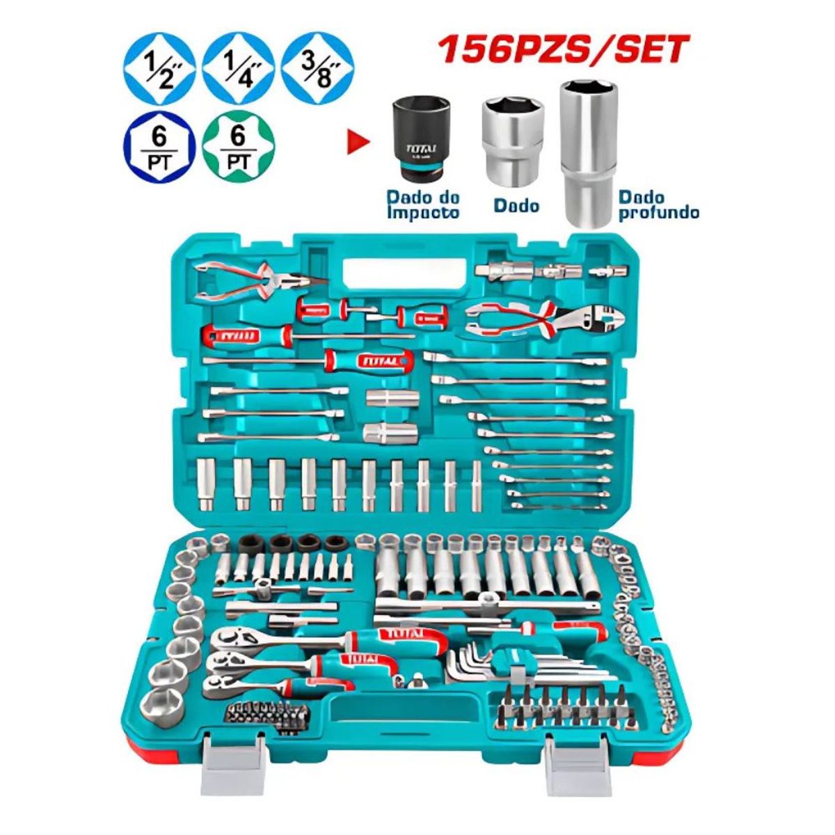 TOTAL TOOLS - Set De Herramientas Combinadas 156 Pzs Industrial - THKTHP21566