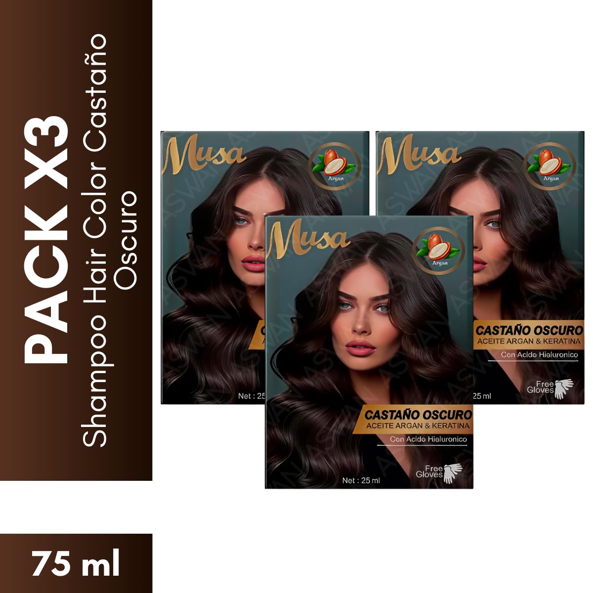 GENERICO - Pack x3 Shampoo Hair Color Castaño Oscuro  25 ml - MUSA