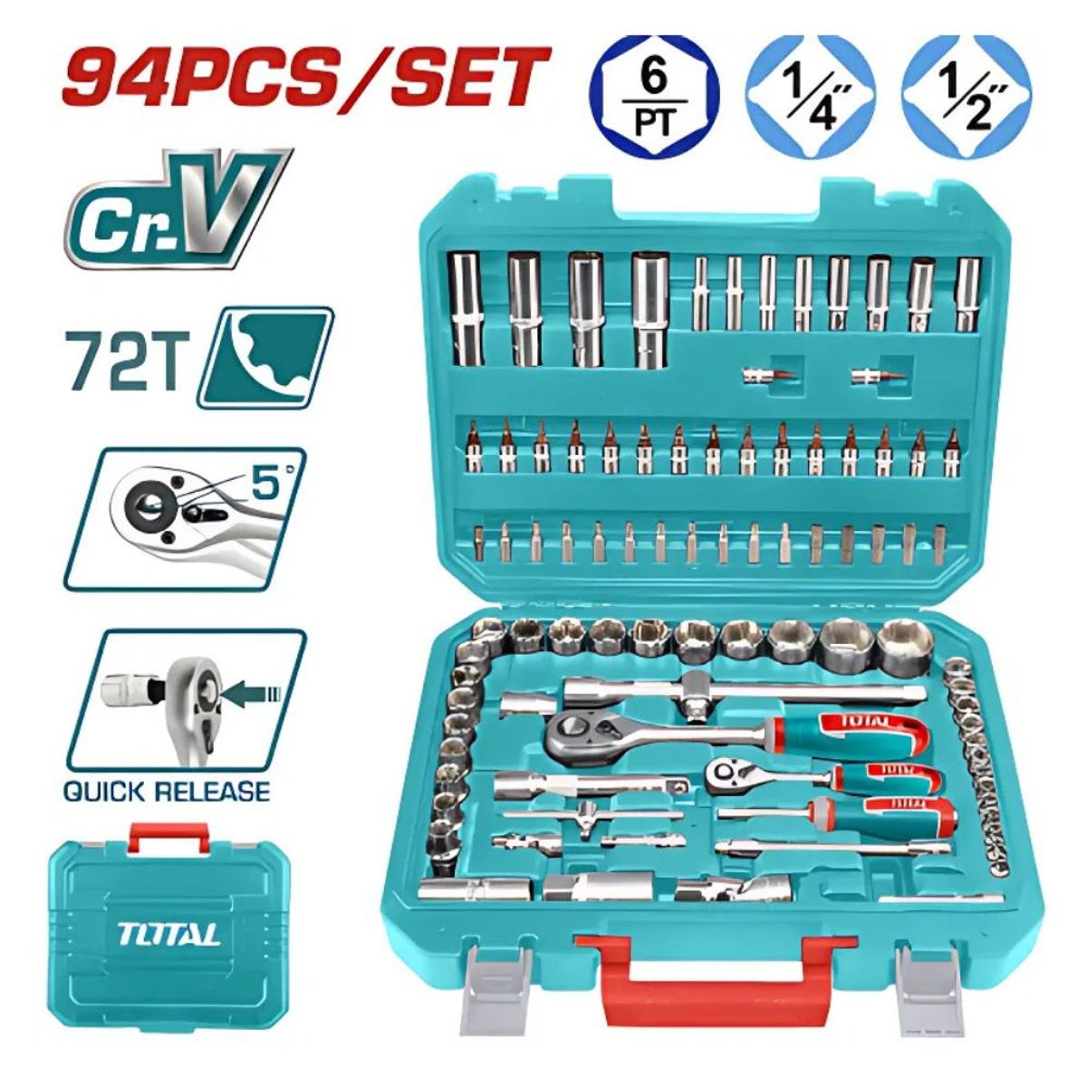 TOTAL TOOLS - Set de Herramientas Rachet 94PCS Maletin Industrial - THT421942