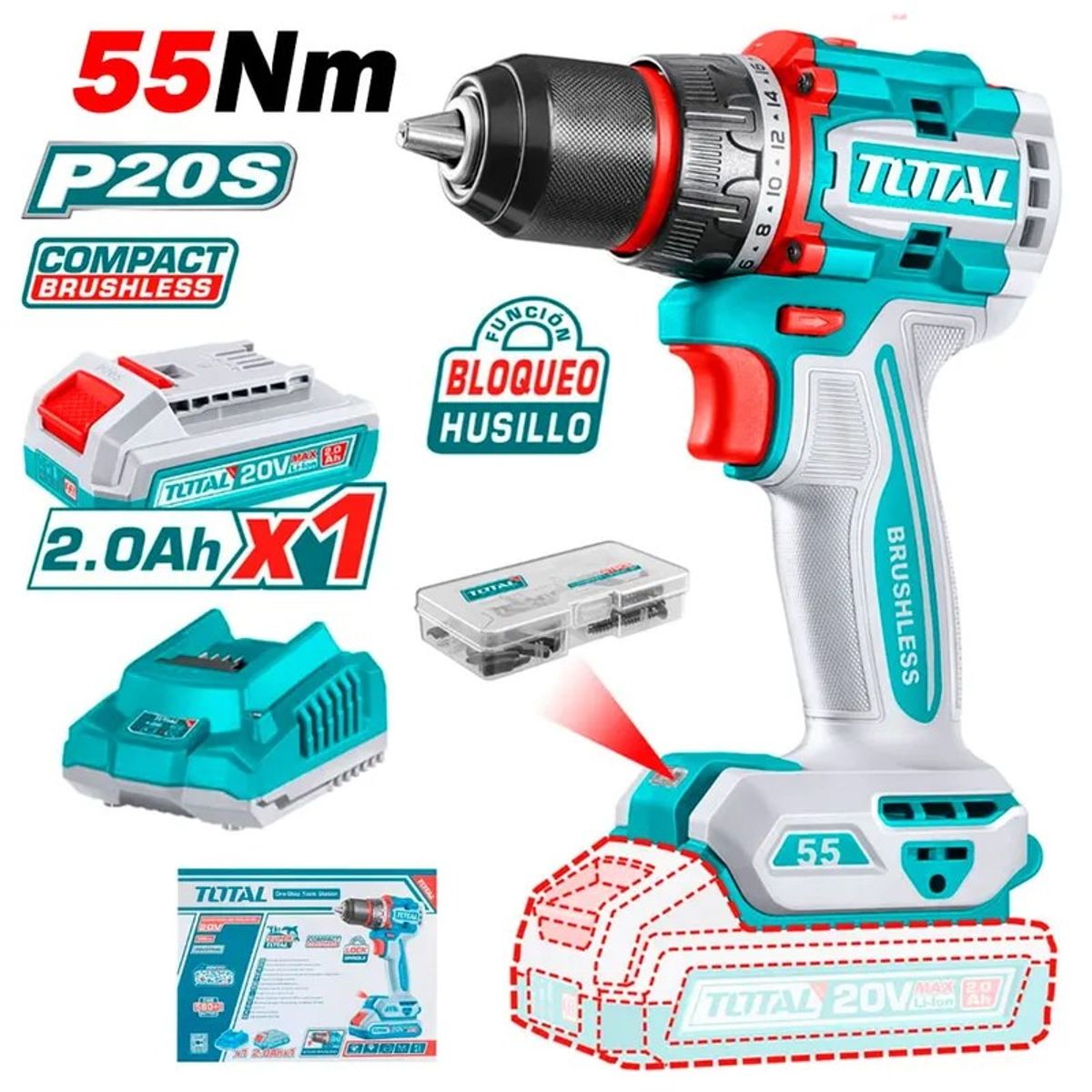 TOTAL TOOLS - Taladro Atornillador 20v 55NM TOTAL TDL1205582