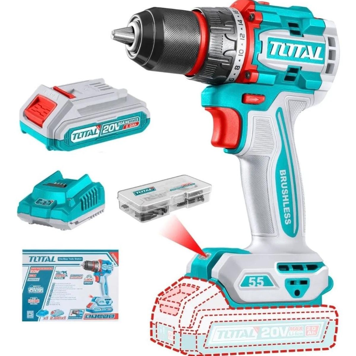 TOTAL TOOLS - Taladro Atornillador 20v 55NM TOTAL TDL1205582