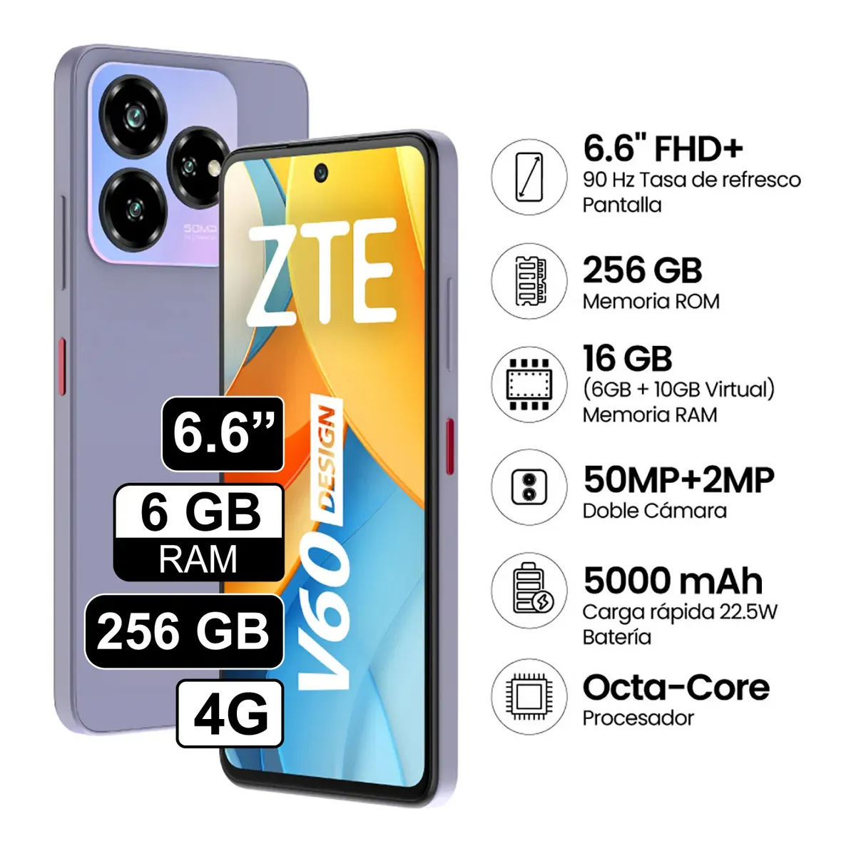 ZTE - Celular Zte Blade V60 256GB 6GB RAM cámara 50MP + 2MP + 2MP frontal 32MP 66 Pulg Lila