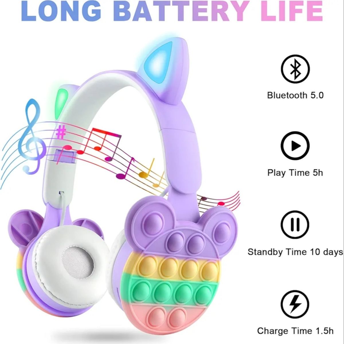 GENERICO - Auricular Bluetooth Osito Pop It Multicolor Orejas Luz Led