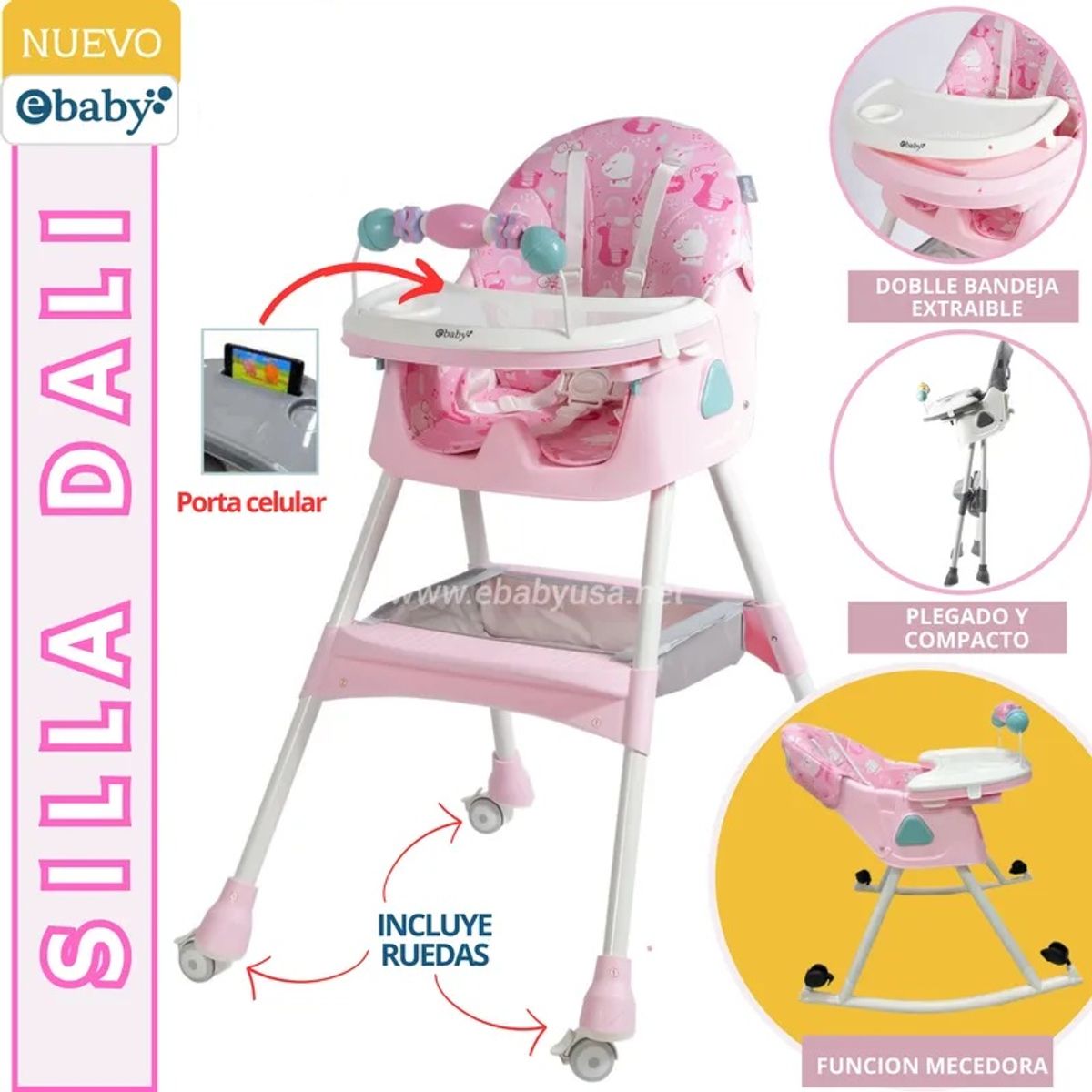 EBABY - Silla de Comer Plegable Con Ruedas Doble bandeja LULU ROSADO