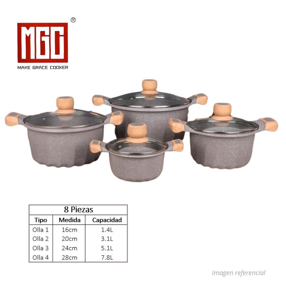 OEM - JUEGO DE OLLAS MGC DE 8 PIEZAS ROCA VOLCANICA GRIS