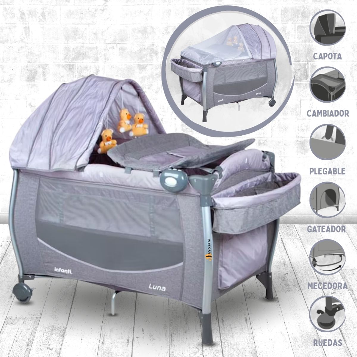 INFANTI - Cuna Corral para Bebes «LUNA ZIGZAG» Gray