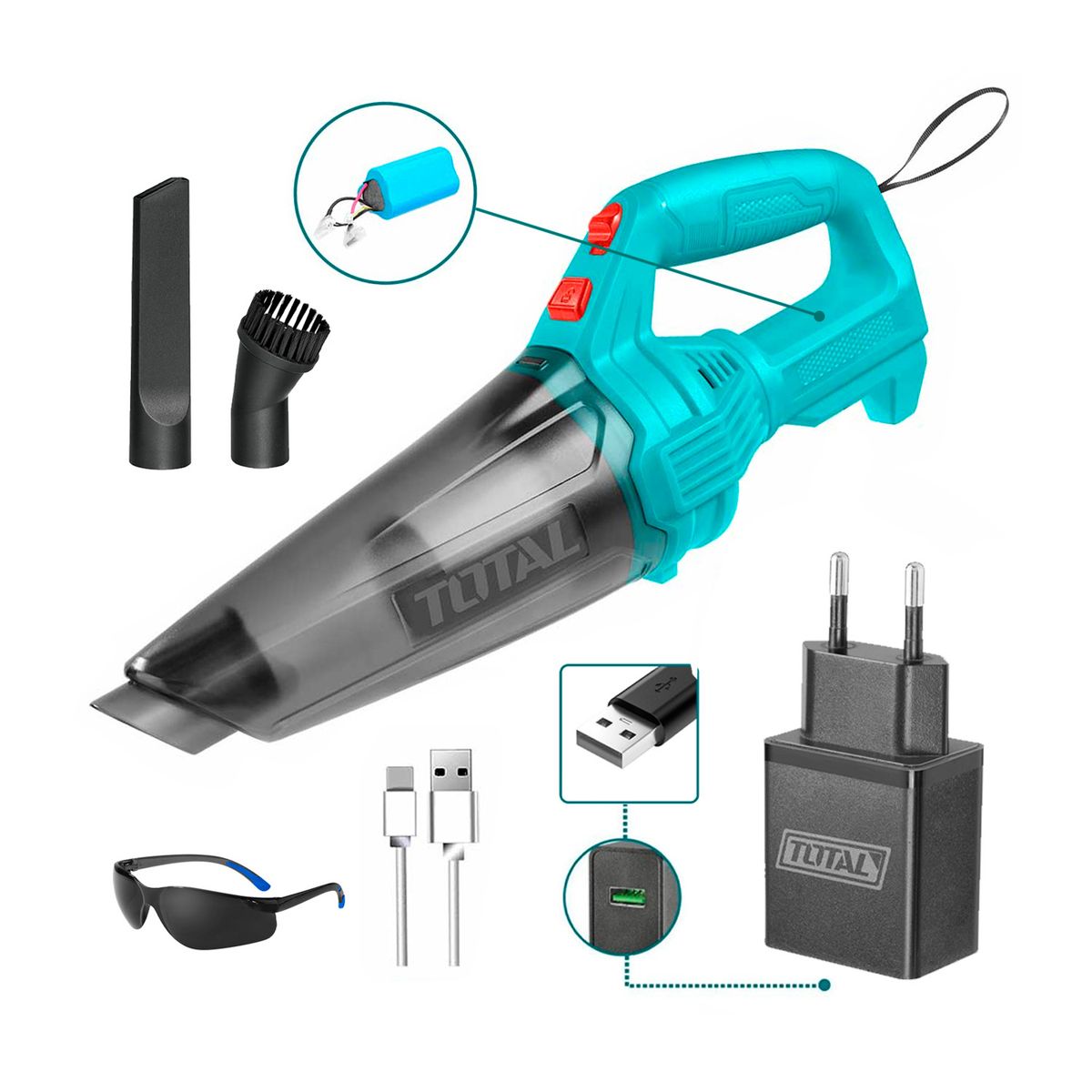 TOTAL TOOLS - Aspiradora 05l 12v 7kpa Bateria Usb C+ Cubo Adaptador 5v