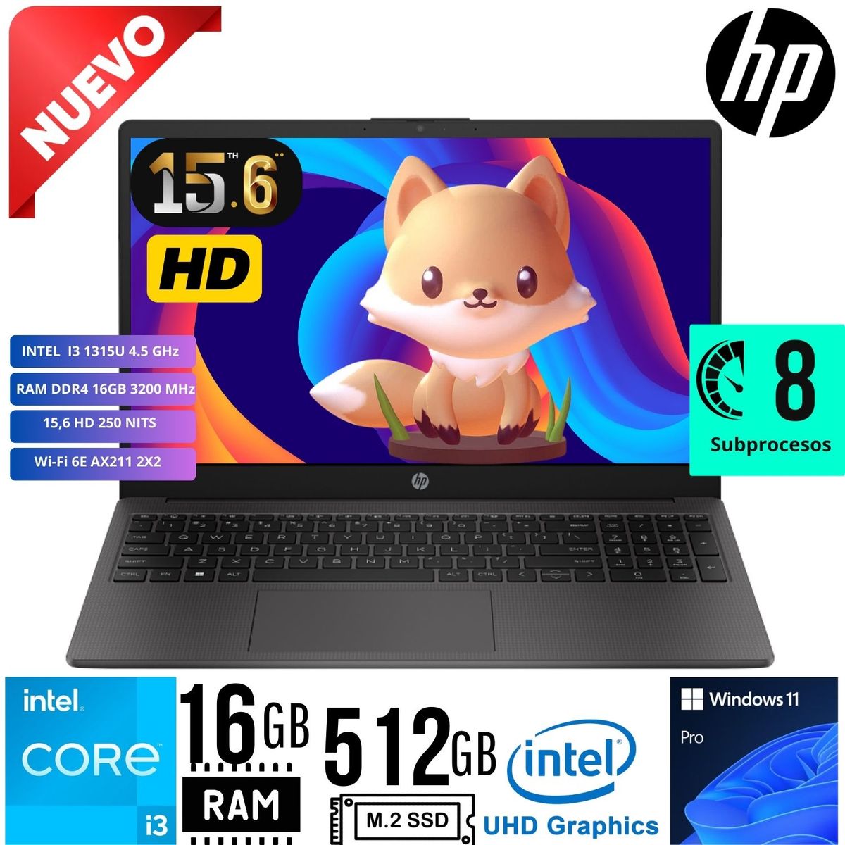 HP - Laptop HP 250 G10 Intel Core i3 1315U RAM 16GB SSD 512GB 15.6"HD Windows 11 PRO