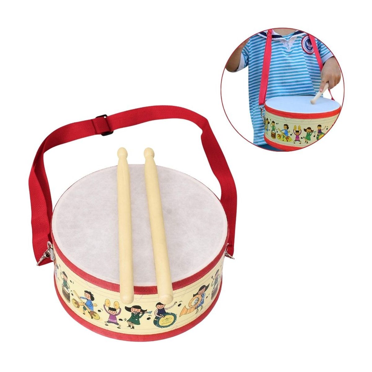 GENERICO - Tambor Rojo Infantil de Madera con Baquetas y Correa