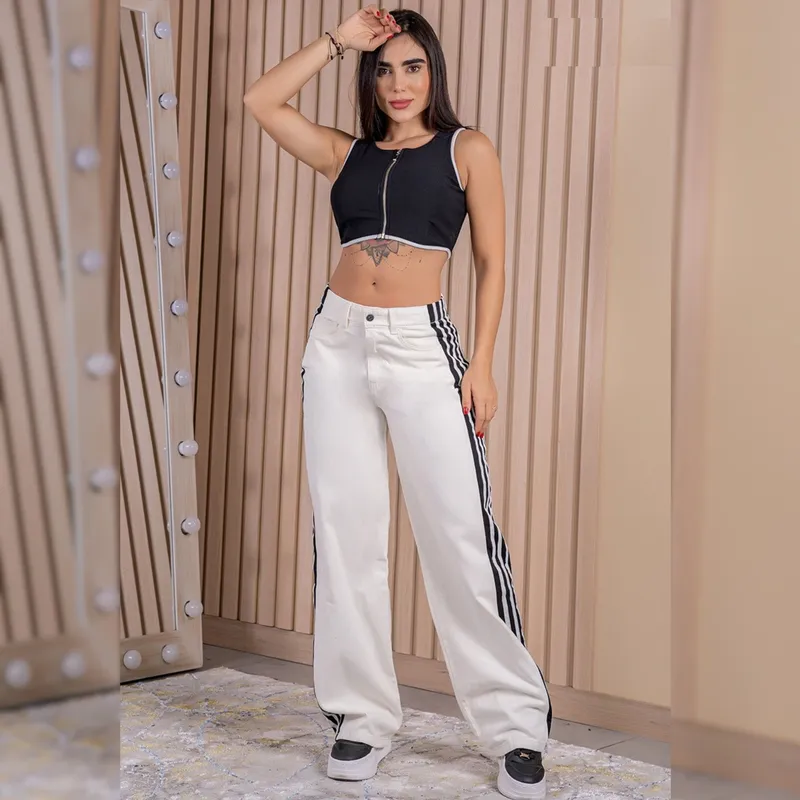 BENCUS JEANS - Jean Wide Leg Mujer Talle Alto Colombiano Rayas - Blanco