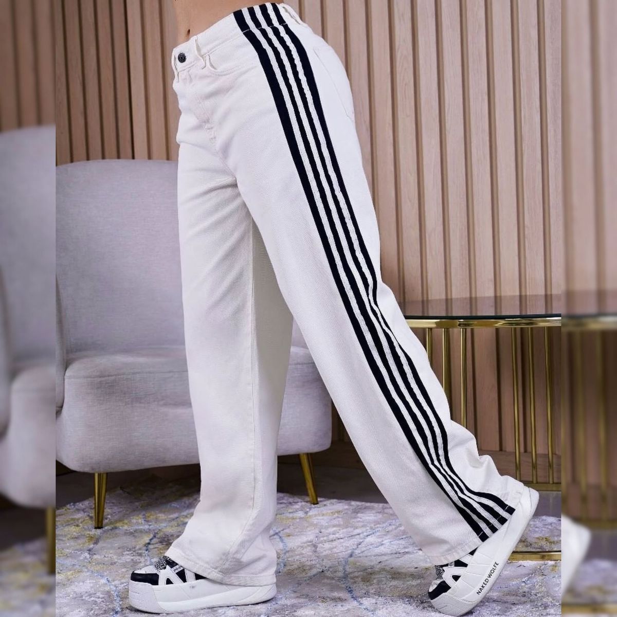 BENCUS JEANS - Jean Wide Leg Mujer Talle Alto Colombiano Rayas - Blanco