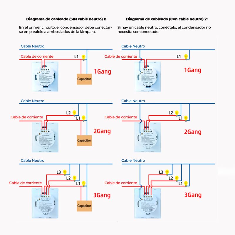 GENERICO - Interruptor de Pared WiFi  3 Tomas - Incluye Capacitor - Alexa y Google