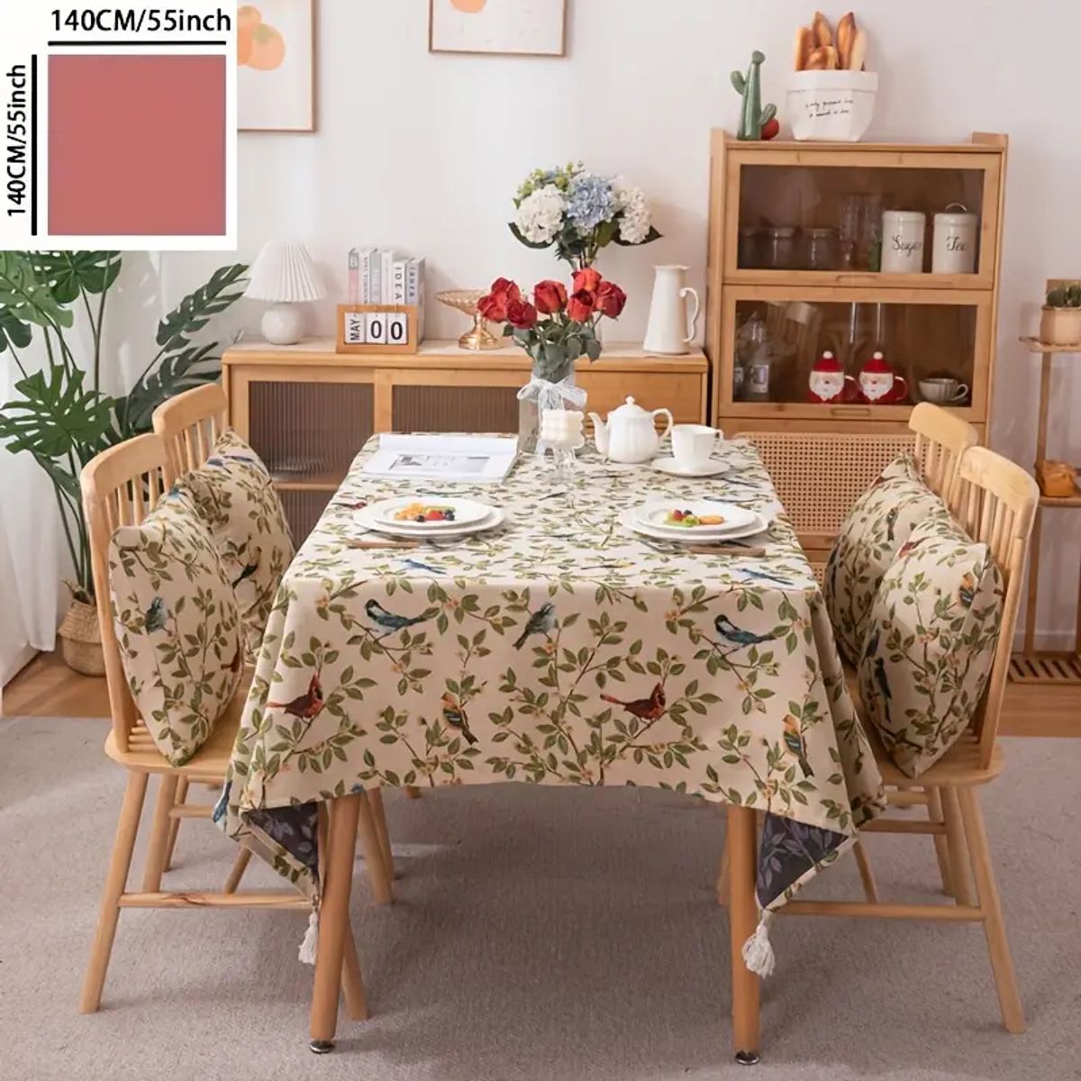 PUREPOWER - Mantel Rectangular Flores  Aves Jacquard 140x140cm con Flecos